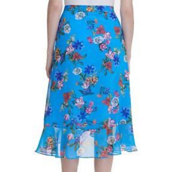 CALVIN KLEIN Womens Blue Floral Ruffled Faux Wrap Midi Skirt - Sz 14 - NEW NWOT - Picture 2 of 5
